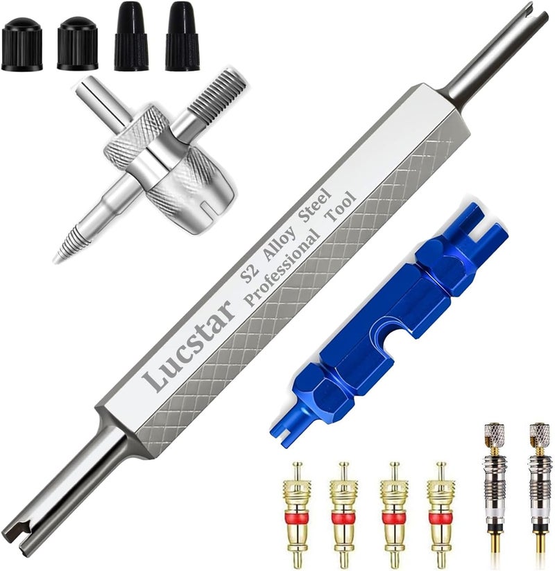 Lucstar Tire Valve Stem Removal Tool Kit, R134A R12 A/C Schrader Valve Stem Core Remover Tool for Car Bicycle Tyre RV Truck, 4 Schrader/Presta Valve Caps, 6Pcs Valve Core, 3 Automotive Tools Wrench - Image 1